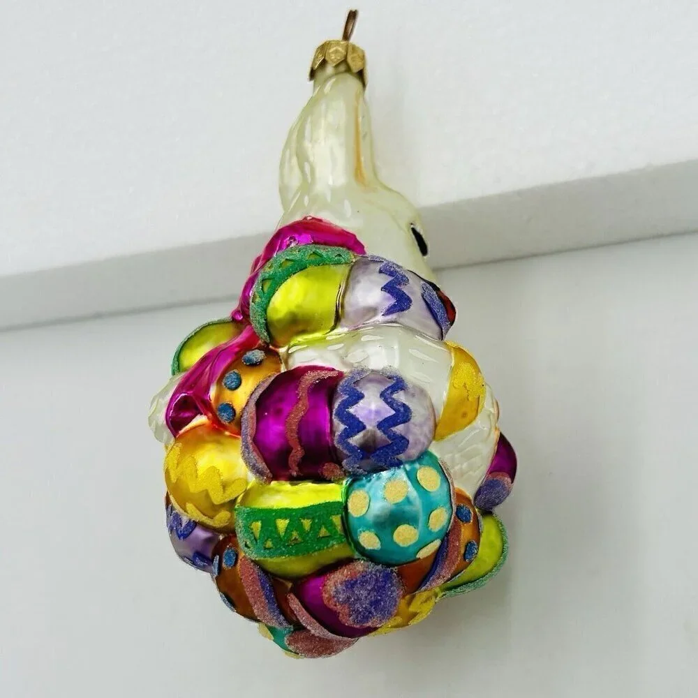 Vintage Christopher Radko Glass Ornament Hoppy Easter Bunny on Colorful Eggs 6x5